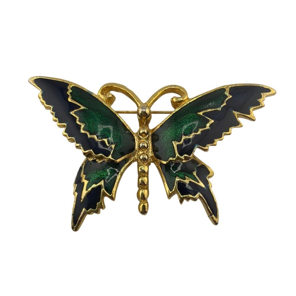 Vintage Gold Tone Green Blue Enameled Butterfly Brooch